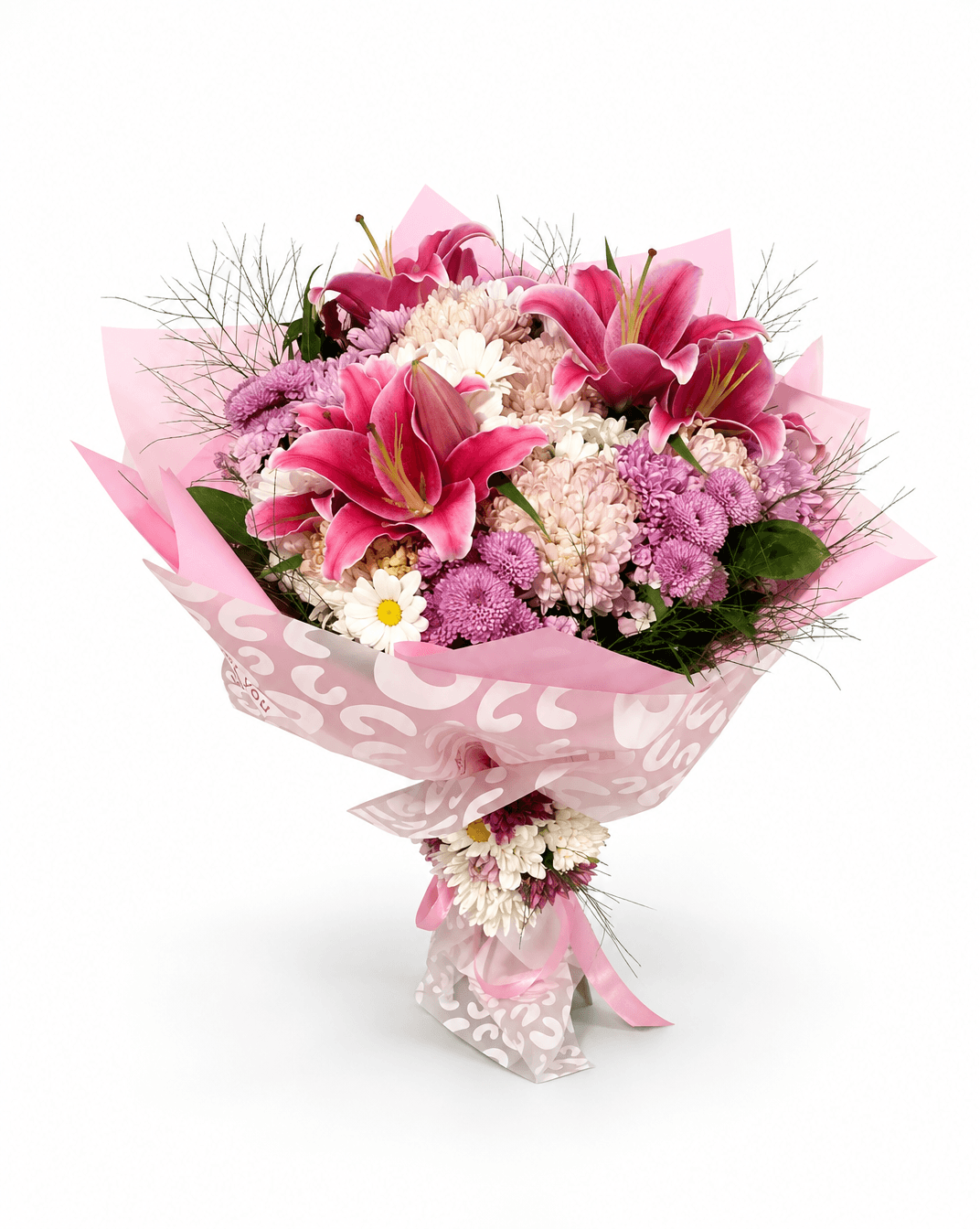 Pembe Lilyum ve Krizantem Buketi